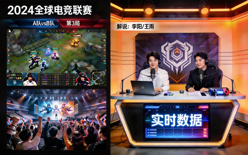 电竞赛事直播画面与解说台现场