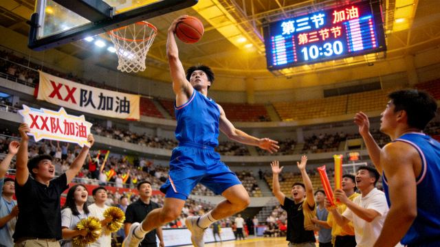篮球比赛场馆内球员上篮与观众席画面